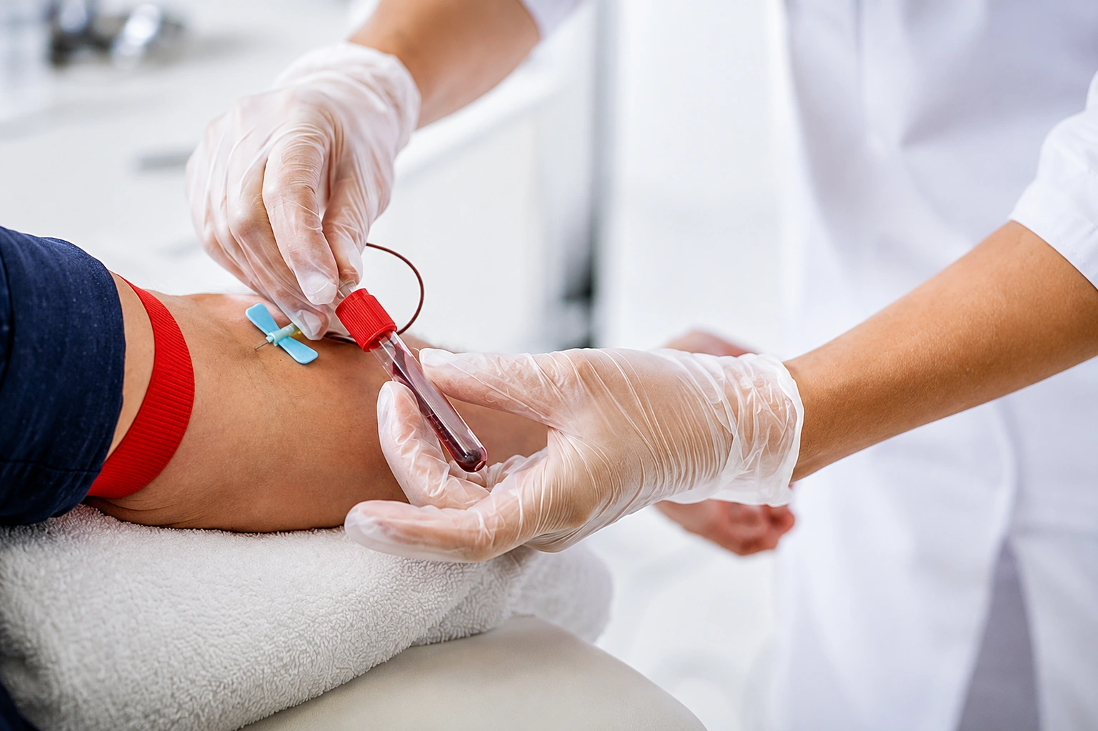 Coleta de sangue sendo realizada por profissional do laboratório, com tubo de amostra e garrote
