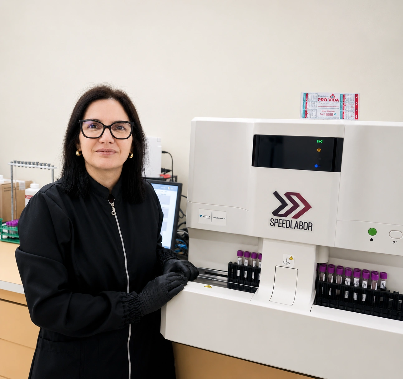 Ellen Cristiana Ribeiro, bióloga do laboratório, ao lado do analisador hematológico