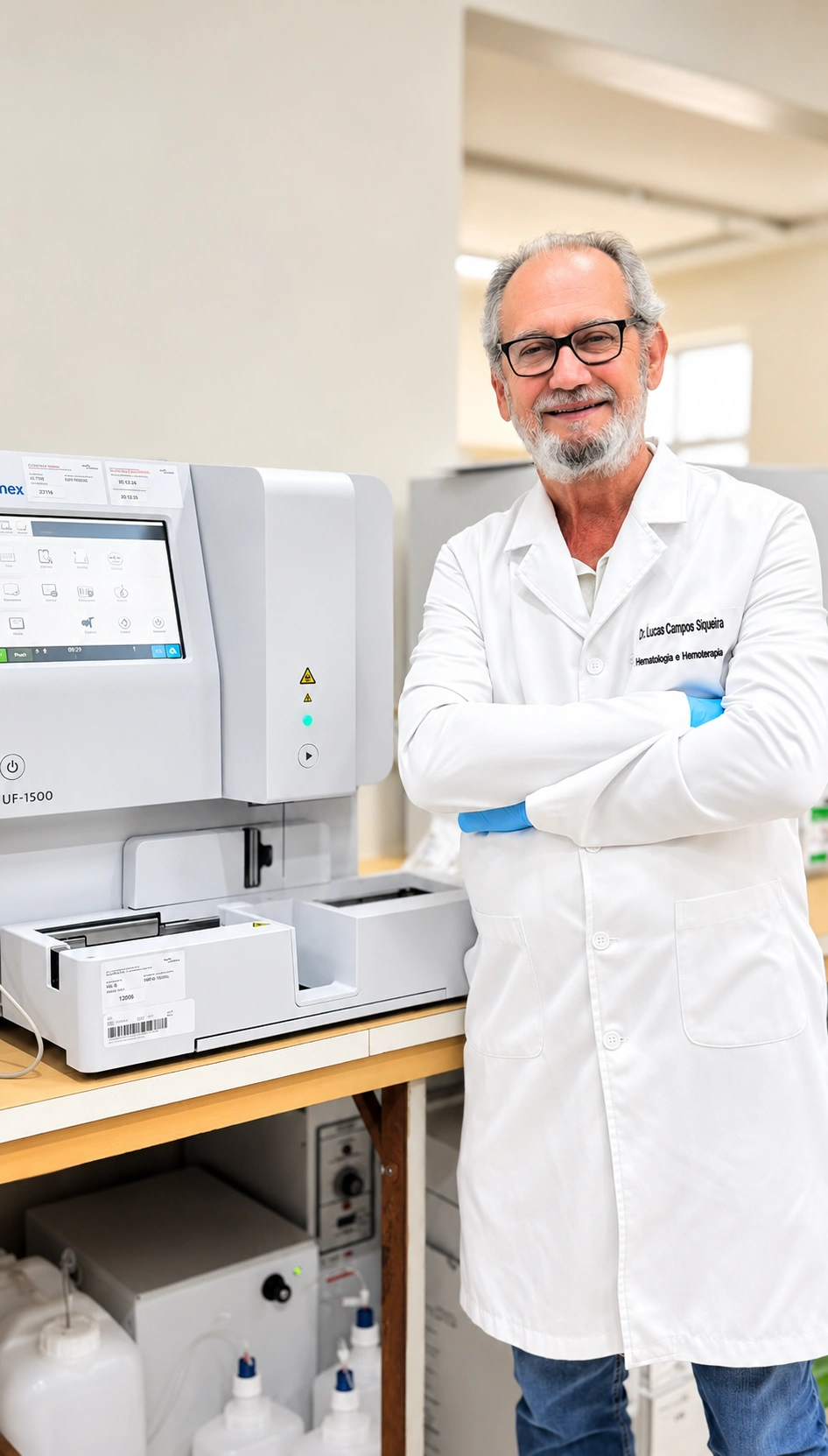 Dr. Lucas Campos de Siqueira, de jaleco, ao lado do analisador de urina do laboratório