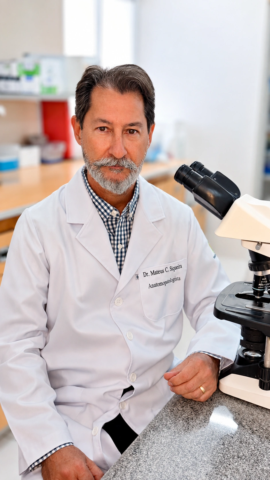 Dr. Mateus Campos de Siqueira, de jaleco, ao lado do microscópio do laboratório