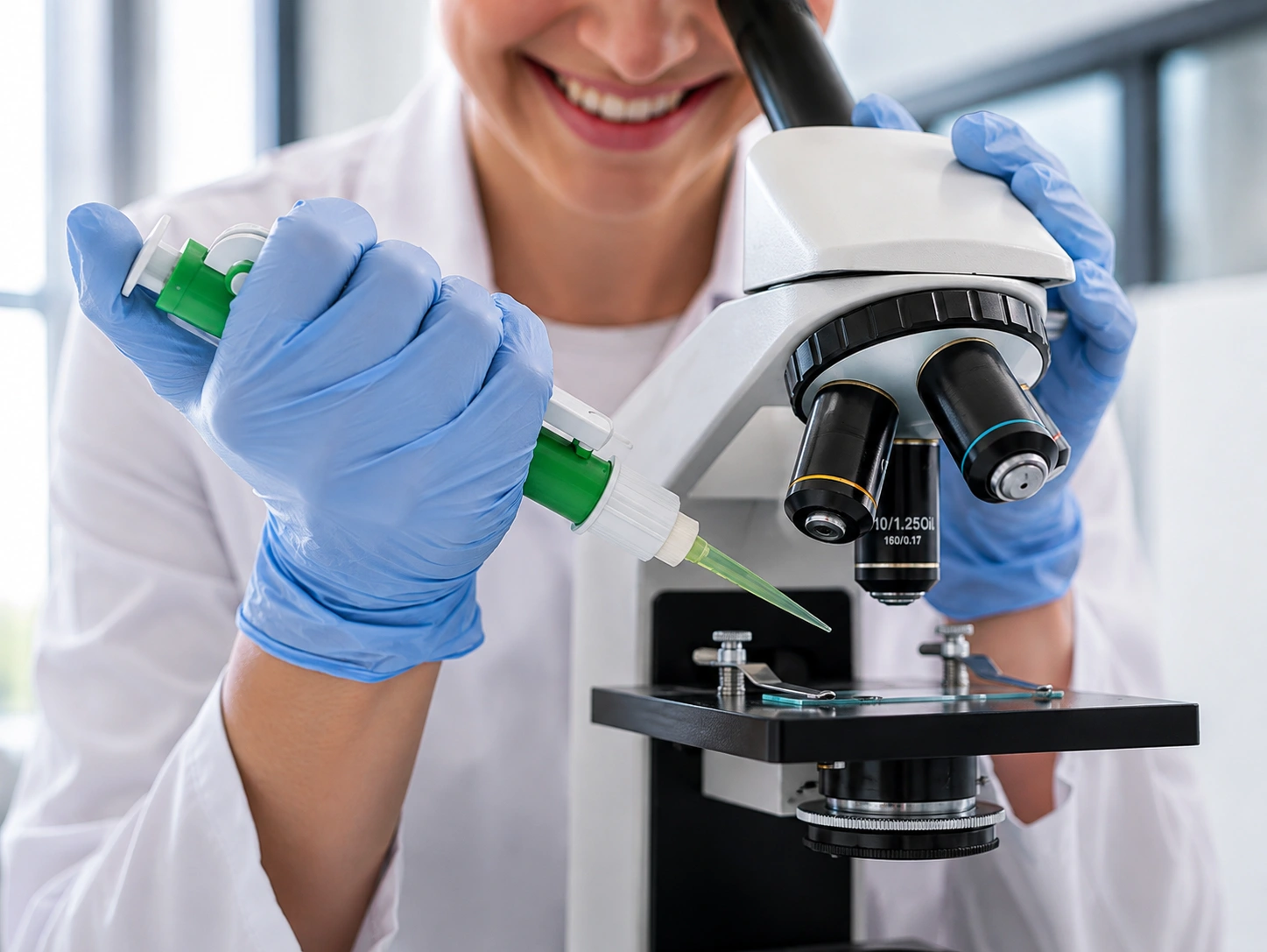 Profissional de jaleco examinando uma lâmina ao microscópio e manipulando uma micropipeta